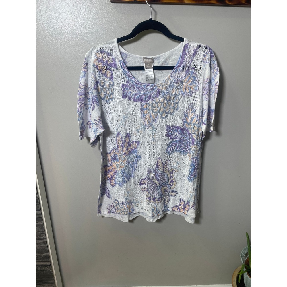 Chicos Floral Paisley Pointelle Knit Top White Purple Linen Blend Size 3 XL